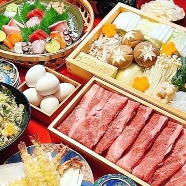 【日本酒120分ド飲み放題付】黒毛和牛すき焼きコース!春の究極全7品