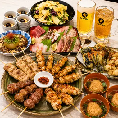 【夏宴会】1番人気へそコース！焼鳥4種と鱧天ぷら田楽を楽しむ！120分スタンダード飲み放題付