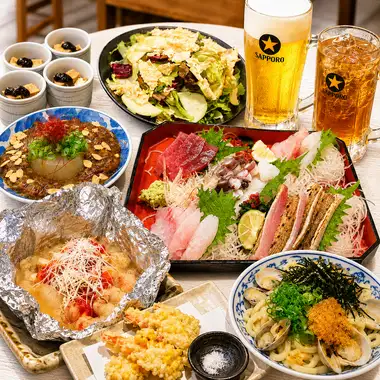 月・火限定クーポン有！【夏宴会】鮮魚お造りと天ぷら!大阪大衆割烹コース【120分飲み放題付】　