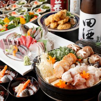 【忘年会】『あんこう鍋コース』（2時間飲み放題付）今が旬！あんこう鍋が主役・豪華刺身盛り