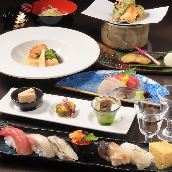 当店人気の一品【1】季節の握り6貫＋三陸産鮮魚お造/磯辺揚/山菜天ぷら等全6品◆寿司6貫7000円コース