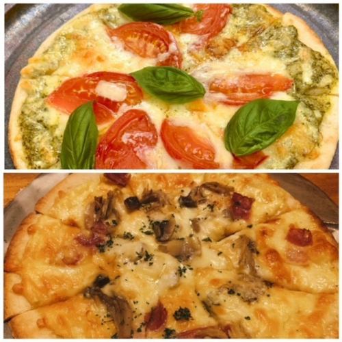 (Holding) Lightly grilled pizza (tomato basil or mushroom carbonara)