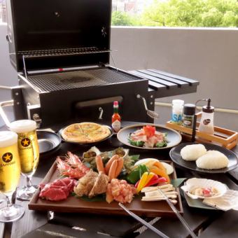 【2H飲放】一期一愛の屋上BBQコース♪黒毛和牛、スペアリブ、サザエ等全7品　屋上ビアガーデン