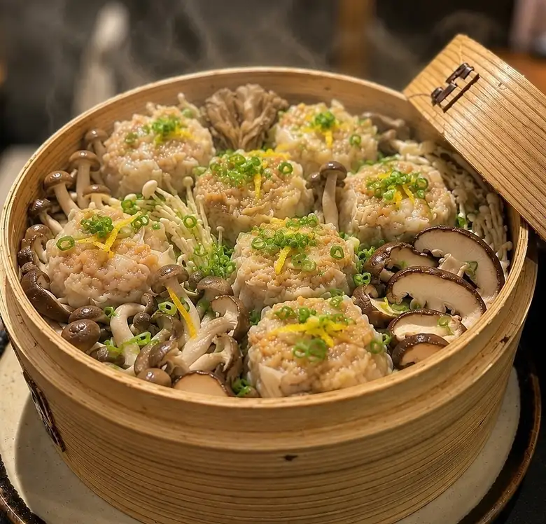 香菇多汁的蒸燒賣。