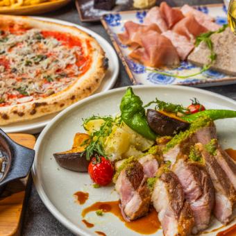 平日限定【ランチ飲み放題付きコース】本日の肉料理・選べるピザorパスタなど【6品】3500円