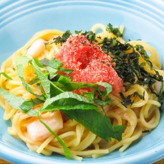 Grilled mentaiko pasta with squid and perilla leaves
