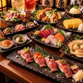 Heiseiya "Miyabi" - 9 dishes including 3 kinds of sashimi, butter-grilled scallops, and wagyu beef nigiri sushi - 5500 yen [2-hour all-you-can-drink]