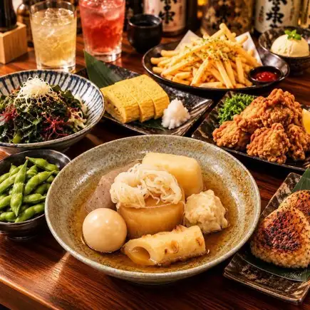 "Oden Raku" - 7 dishes in total, including 5 kinds of oden, fried chicken, and french fries - 3500 yen [2-hour all-you-can-drink]