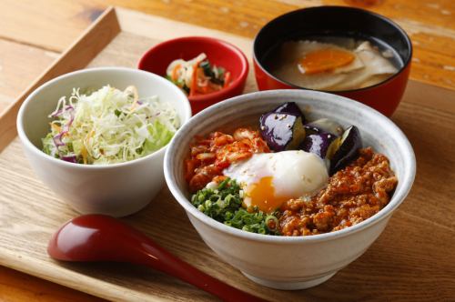 Spicy meat, miso, kimchi and pork rice bowl