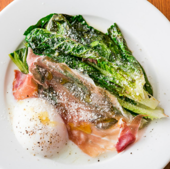 Caesar Salad with Miura Peninsula Romaine Lettuce, Soft-boiled Egg, Uncured Ham