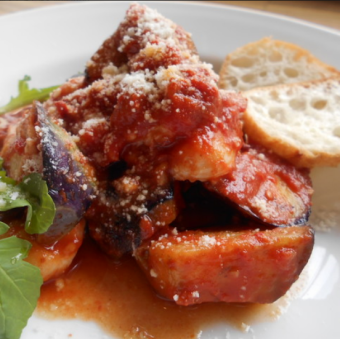 Arrabiata with octopus, eggplant, tomato and anchovies