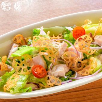 Caesar salad with lotus root chips and steamed chicken