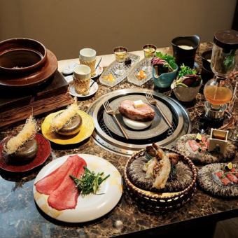 【海鮮とお肉コース】特選牛の希少部位をはじめ、旬菜や海鮮、とびヒレ塊肉などが味わえるプラン