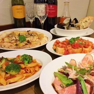 【KONNICHIWA 5000円コース】ピッツァマルゲリータ、選べるメイン(肉or魚)、人気のパスタ込み！