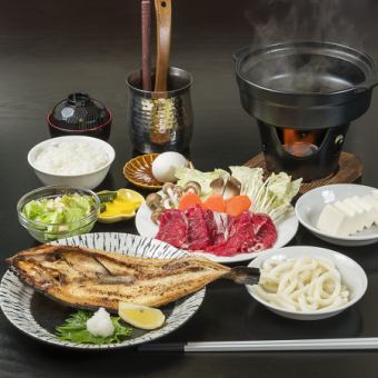 【ホッケ焼きとすき焼き定食セット】肉厚のホッケと濃厚なすき焼きを両方どうぞ♪2500円(税込)