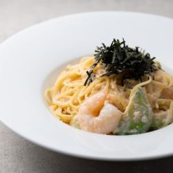 Mentaiko cream pasta with shrimp and avocado