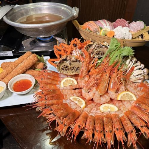 “새우 샤브 코스”전 8품 “생물 5종 모듬 첨부 6000엔”