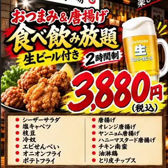 新登場!食べ飲み放題おつまみ&唐揚げ食べ放題全17品『2時間生ビール入り』飲み放題付き3880円