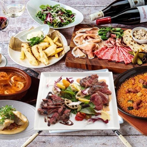 人気料理食べ比べプレミアムコース『2種牛グリルに魚ソテーとアヒージョ&パエリア』35種飲み放題