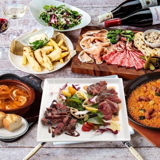 人気料理食べ比べスペシャルコース『2種の厳選牛グリルに海老アヒージョ&パエリア』35種飲み放題