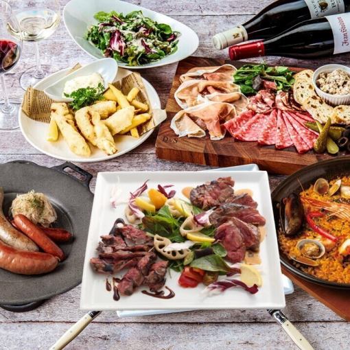 人気料理食べ比べエクストラコース『2種の厳選牛グリルに名物ソーセージ&パエリア』35種飲み放題