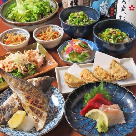 【定番に】旬魚のお造り、金華鯖、天ぷら等全9品+地酒入2H飲み放題5000円