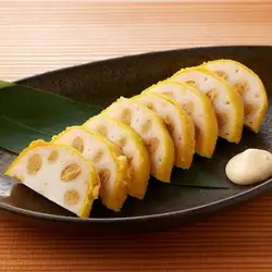 Kumamoto specialty: freshly fried karashi renkon (mustard lotus root)