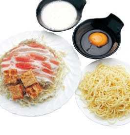 Hiroshima okonomiyaki with soba squid tempura [meat balls, squid tempura, and soba noodles]