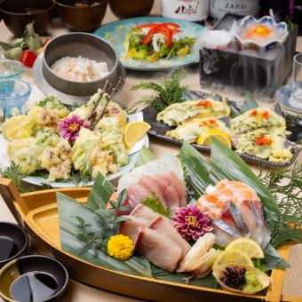 Celebration box with boat-shaped platter [Perfect for farewell and welcome parties] All-you-can-drink available♪ Uopuku Spring Celebration Course (14 dishes in total)