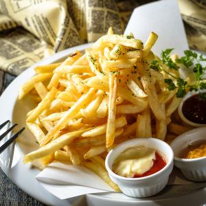 French fries and 3 dip sauces