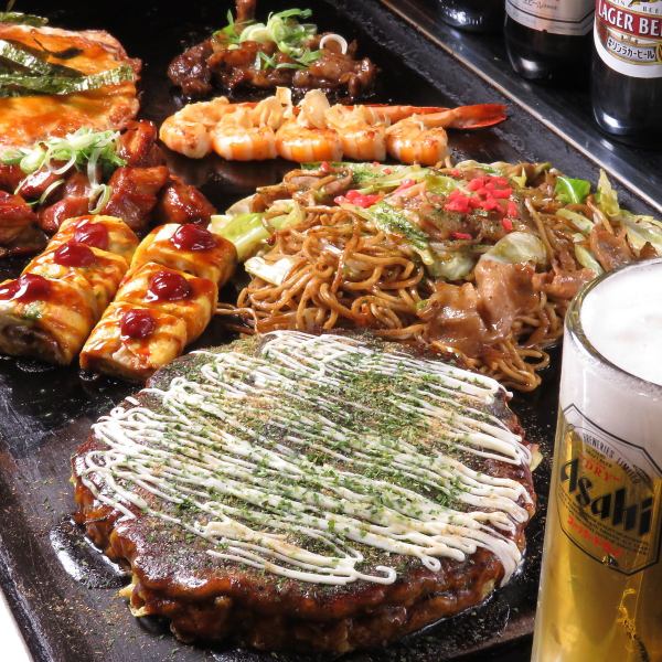Perfect for banquets ◎ A collection of popular menu items! 8 dishes including Kokekokko-yaki, Garlic Shrimp, and Okonomiyaki, 5,000 yen with all-you-can-drink for 120 minutes