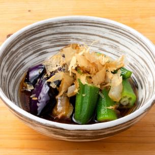Deep-fried eggplant and okra marinated in sauce