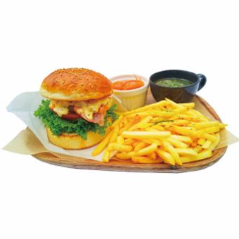 Burger plate set <burger + potato + soup + dish>