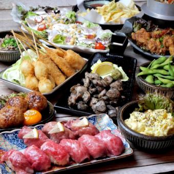 Popular menus gathered together! [Charcoal-grilled chicken x 3 types of meat sushi x Osaka specialty course] 13 dishes 5,000 yen (tax included) 2 hours all-you-can-drink included♪
