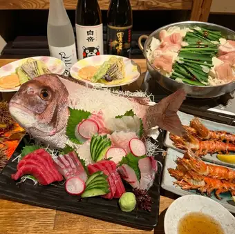 [Individual servings: Draft beer OK] 7 dishes including whole sea bream sashimi and seasonal vegetable tempura + 2 hours [all-you-can-drink] 4500 yen ⇒ 4000 yen