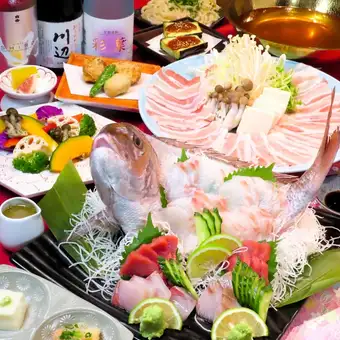 【個別盛り:生ビールOK】香心ポークのしゃぶしゃぶや鯛姿造りなど全8品+2H[飲放]5000円⇒4500円