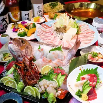 [Individual servings: Draft beer OK] Sashimi platter including whole spiny lobster and sea bream, 3 kinds of horse sashimi, etc. 8 dishes in total + 2 hours [all-you-can-drink] 6500 yen ⇒ 6000 yen