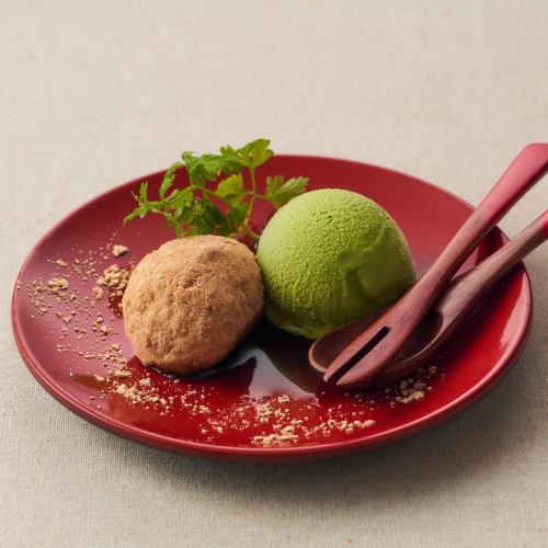 Bite-sized rice balls and matcha ice cream