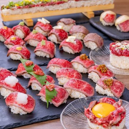 [Reservation required ★ Highly satisfying] Perfect for social media ◎ Includes a choice of long Yukhoe sushi! 2 hours! All-you-can-eat and drink with 10 kinds of meat sushi ♪