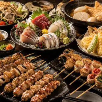 【含3小時暢飲】「Yoizuki」九道菜套餐包含炭烤Hinai雞肉串、蔬菜串、天婦羅和新鮮刺身:¥5380 ⇒ ¥4500