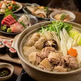 【含3小時暢飲】薩摩雞肉相撲火鍋 + 當日鮮魚烤肉和刺身,以及匠心火鍋(含藍鰭金槍魚) - 共9道菜 - ¥5870 ⇒ ¥4500