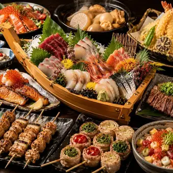 【含3小時暢飲】豪華新鮮海鮮刺身船拼盤 x 炭烤串、鮭魚腩、高級天婦羅 - 共10道菜 - ¥6810 ⇒ ¥6000