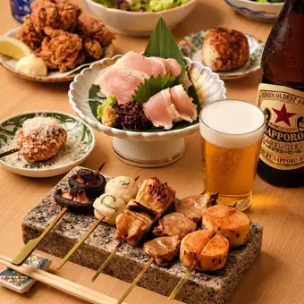 【3H飲放付】比内地鶏の炭火焼鳥×直送鮮魚造りや天麩羅におでん含『玄月』全8品4930円⇒4000円