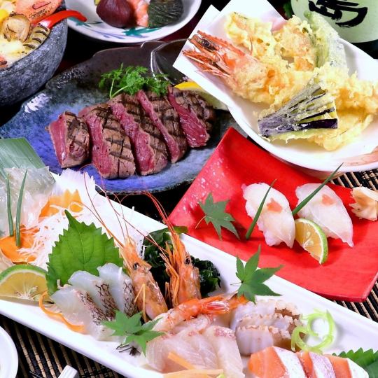 [包廂]《熟成牛肉&大蝦&比目魚》三重Shoraku套餐[2H無限暢飲]4,400日元