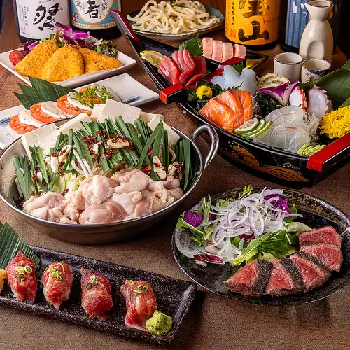 ■3H飲み放題付『もつ鍋コース』築地鮮魚五点盛りや和牛もつ鍋等<全9品>6000円→5000円