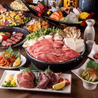 ■3H飲み放題付『すき焼き鍋コース』築地鮮魚五点盛りや和牛すき焼き鍋等<全10品>7000円→6000円