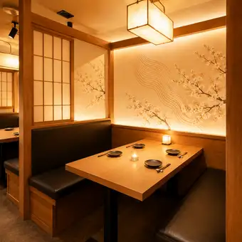 《3名～4名様用テーブル個室席》少人数様向けのオシャレな"個室"を完備しております♪デート利用から、少人数の飲み会、接待などにもご好評頂いております。新橋徒歩１分の和モダン居酒屋「よりみち」人数や、予算、開催時間などお気軽にご相談ください♪
