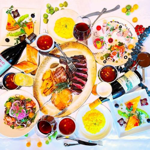 For 4 or more people ◆ For girls' parties and banquets ◆ Aged beef steak, pork, chicken ★ Luxurious meat platter ★ 10 dishes in total including dessert ♪