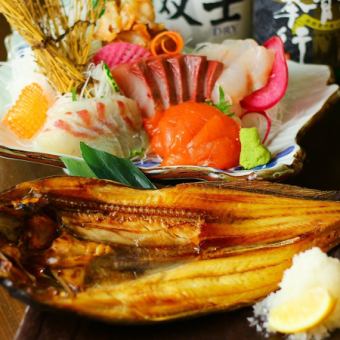 ≪北海道産特大ホッケの原始焼きとお刺身5点盛り≫全7品生＆日本酒5種込2ｈ飲放付3700円(税込)