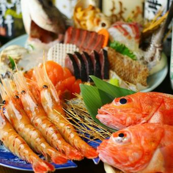 ≪北海道の高級魚キンキの原始焼きと特大ボタン海老入り刺盛≫全7品2ｈ飲み放題付5000円(税込)